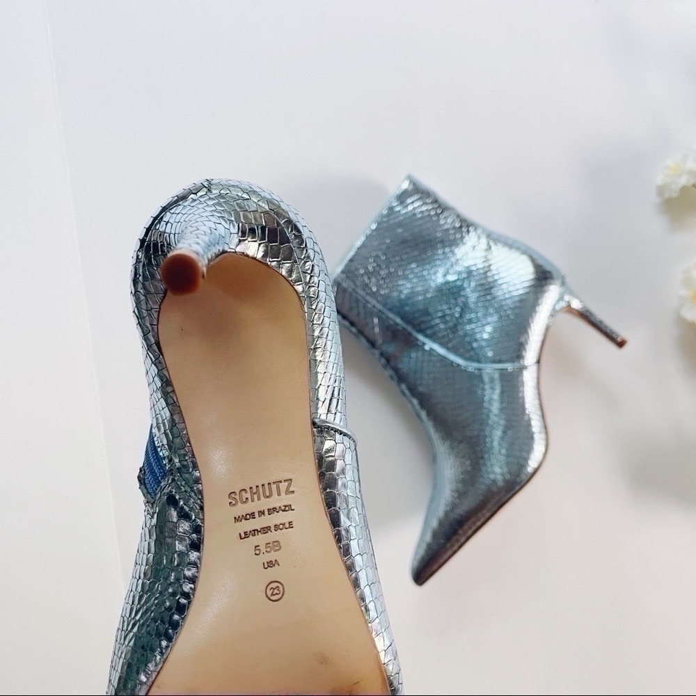 NEW Schutz Metallic Bette Ankle Bootie In Metallic Blue Leather Size 5.5 - Picture 5 of 6
